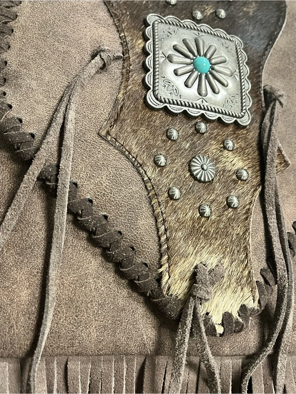 Trinity Ranch Coffee Fringed Suede Crossbody Bag with Turquoise Accent - Brown